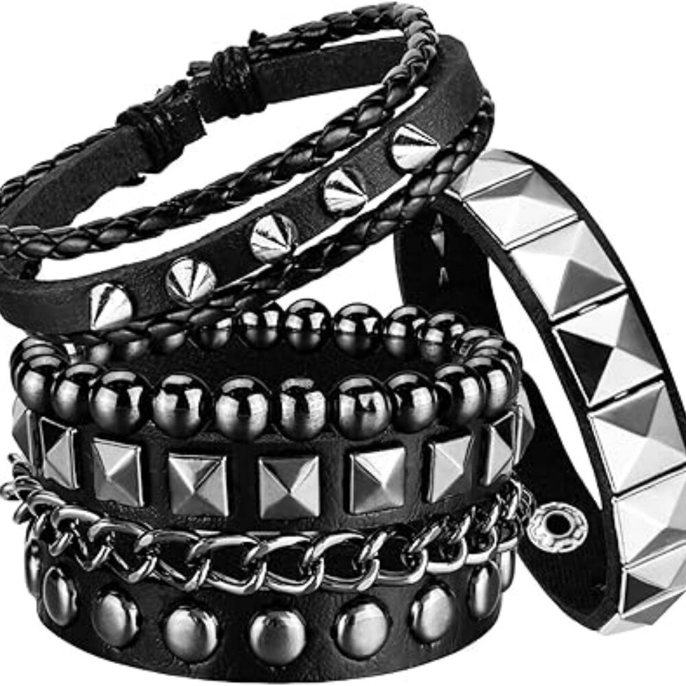 4 Pcs Punk Rock Leather Studded Bracelets for Men Women Gothic Spike‎ Cuff Set